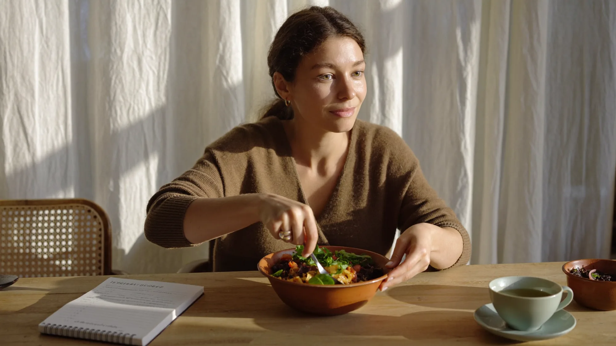Woman preparing a colourful whole-food meal in morning light